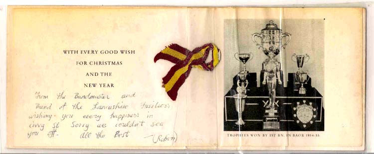 sent to 23230272 Joseph Frederick Lewins LF Bandsman just after he completed NS. It is signed by Robin De Smet