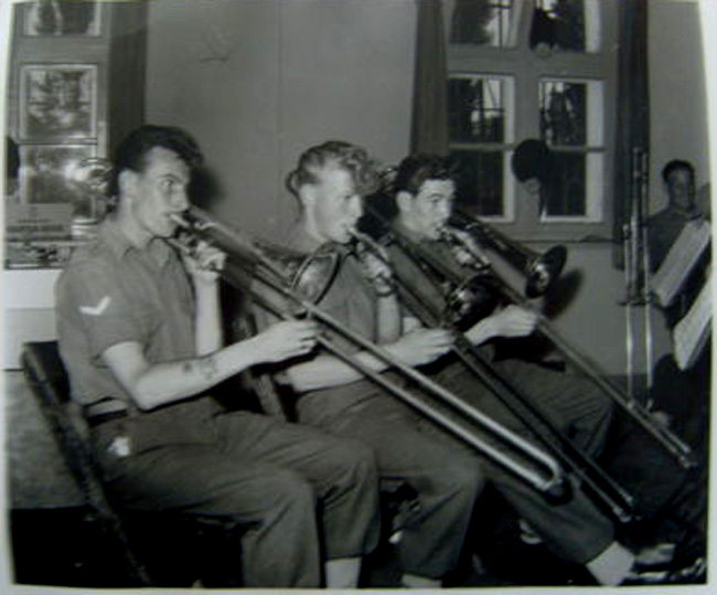 Brian Elcoat, Keith Harlick, Les McNicholas in the background is Sam Briggs (bass trombone)