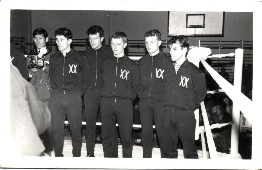Boxing Jan 68 Sek Kong against the RA. Mel Marsh, Bob Crook, me, Paddy Mulholland, Connie Constable.