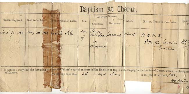Les's birth certificate, born into the LF's in Cherat, India
