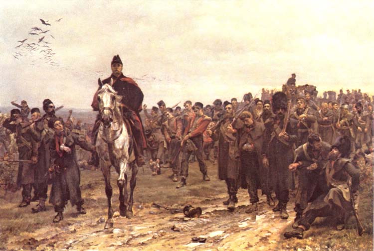 Painting by Lady Butler the return from Inkerman