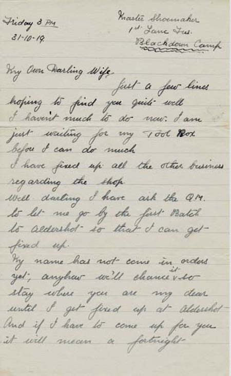 Letter Home 31st Aug 1919