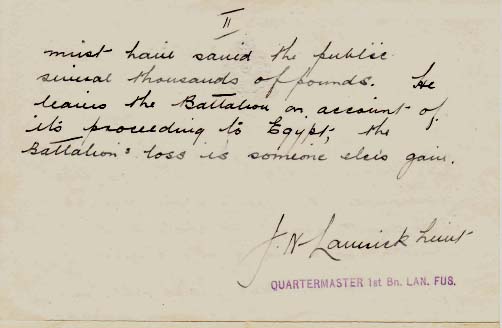 This testimonial was written by Dennis Laverick's grandfather - Major J N Laverick DCM