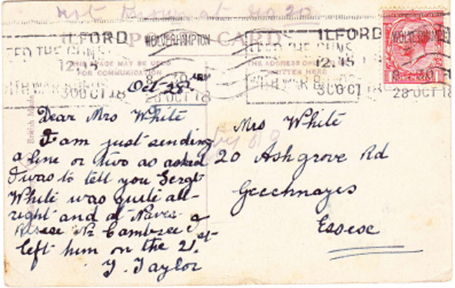 Post Card sent to Alfred's wife from T Taylor