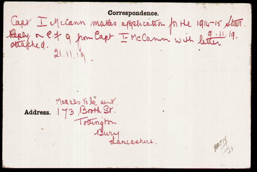Medal card of McCann, James Corps Regiment No Lancashire Fusiliers 5425 Colour Serjeant Lancashire Fusiliers Captain