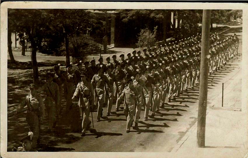 Major Morrell 2nd. Lts. Davies and Blythe Brook leading C.S.M. Eagleson. Just behind him Lofty. Watson then Ian Greaves.